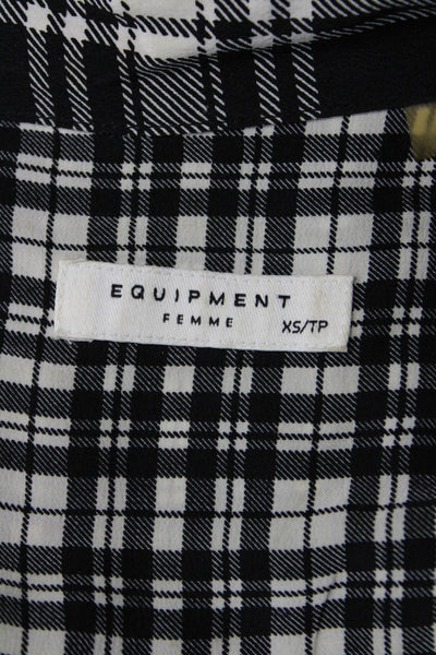 Equipment Femme Womens Silk Plaid Long Sleeve Button Up Blouse Top Black Size XS