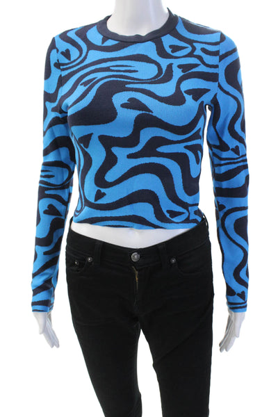 Zara Womens Long Sleeve Wavy Print Knit Top Blue Size S