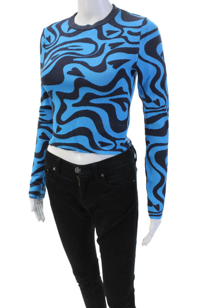 Zara Womens Long Sleeve Wavy Print Knit Top Blue Size S