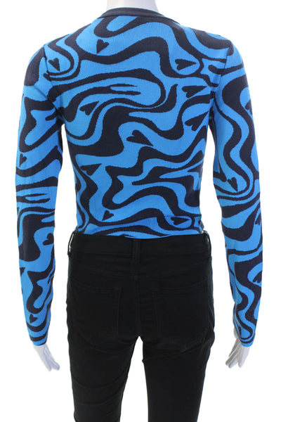 Zara Womens Long Sleeve Wavy Print Knit Top Blue Size S