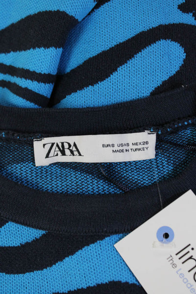Zara Womens Long Sleeve Wavy Print Knit Top Blue Size S