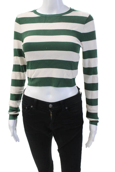 Zara Womens Long Sleeve Slim Fit Striped Top Green White Size M