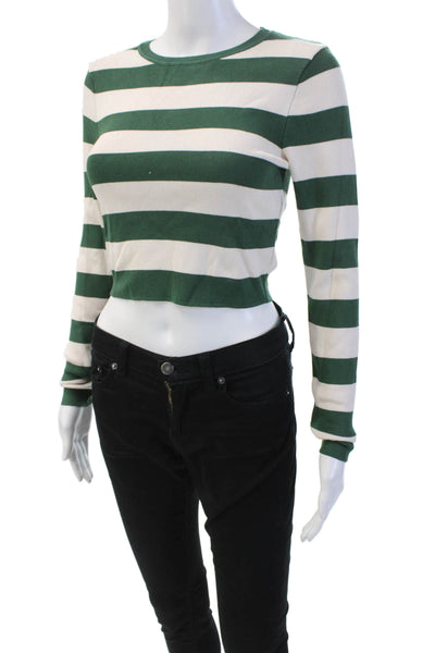 Zara Womens Long Sleeve Slim Fit Striped Top Green White Size M