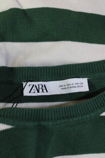 Zara Womens Long Sleeve Slim Fit Striped Top Green White Size M