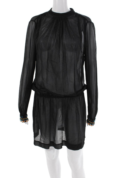 Megan Park Womens Sheer Rhinestoned Cuff Detail Mini Dress Black Size 1
