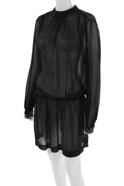 Megan Park Womens Sheer Rhinestoned Cuff Detail Mini Dress Black Size 1