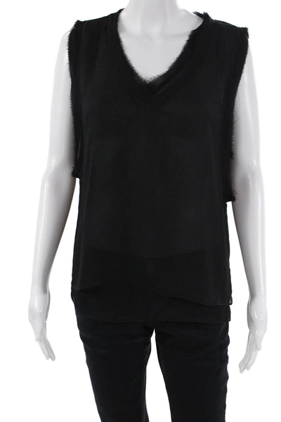 Zara Basic Womens Sheer Raw Hem Detail V-Neck Tank Top Blouse Black Size L