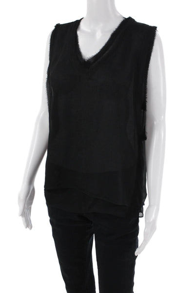 Zara Basic Womens Sheer Raw Hem Detail V-Neck Tank Top Blouse Black Size L