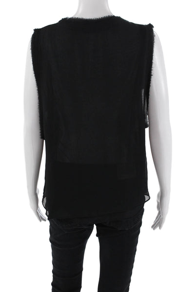 Zara Basic Womens Sheer Raw Hem Detail V-Neck Tank Top Blouse Black Size L