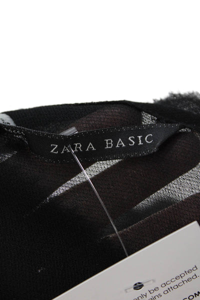 Zara Basic Womens Sheer Raw Hem Detail V-Neck Tank Top Blouse Black Size L