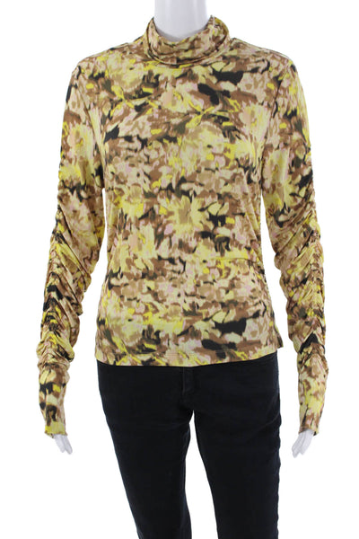 Tanya Taylor Womens Rouched Detail Abstract Print Turtleneck Top Yellow Size S