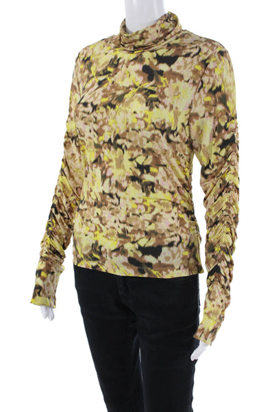 Tanya Taylor Womens Rouched Detail Abstract Print Turtleneck Top Yellow Size S