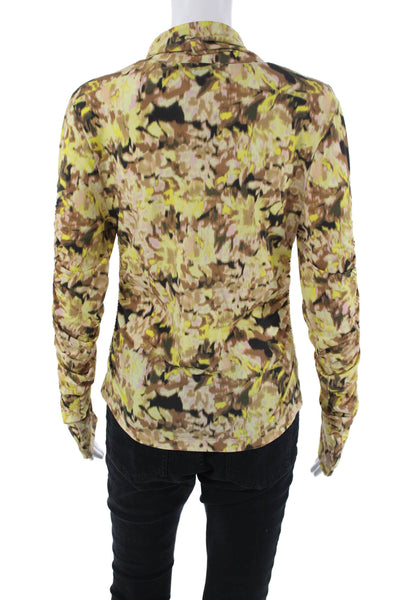 Tanya Taylor Womens Rouched Detail Abstract Print Turtleneck Top Yellow Size S