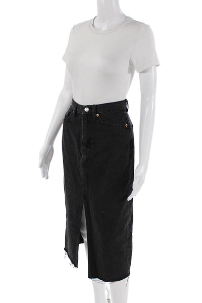 MNG Womens Cotton Anais Distress Midi Denim Skirt Black Size XS