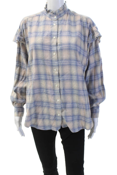 Hartford Womens Plaid Button Down Long Sleeves Shirt Beige Blue Cotton Size 2