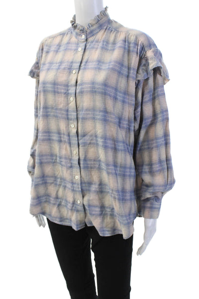 Hartford Womens Plaid Button Down Long Sleeves Shirt Beige Blue Cotton Size 2