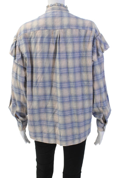 Hartford Womens Plaid Button Down Long Sleeves Shirt Beige Blue Cotton Size 2