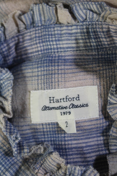 Hartford Womens Plaid Button Down Long Sleeves Shirt Beige Blue Cotton Size 2