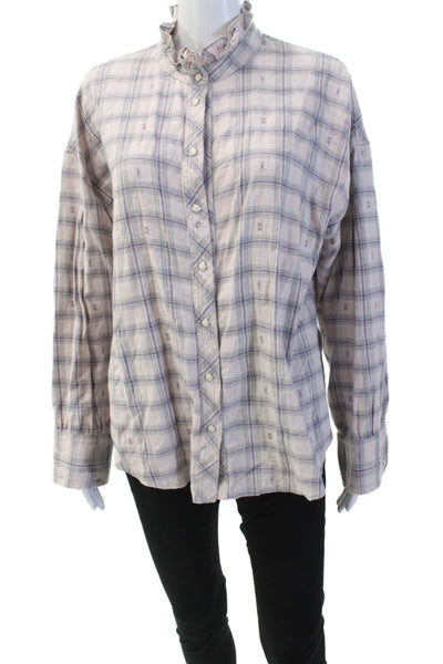Xirena Womens Plaid Ruffled Button Down Shirt Pink Cotton Size Medium