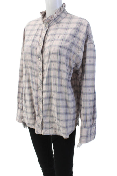 Xirena Womens Plaid Ruffled Button Down Shirt Pink Cotton Size Medium