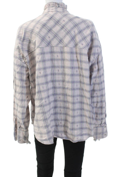Xirena Womens Plaid Ruffled Button Down Shirt Pink Cotton Size Medium