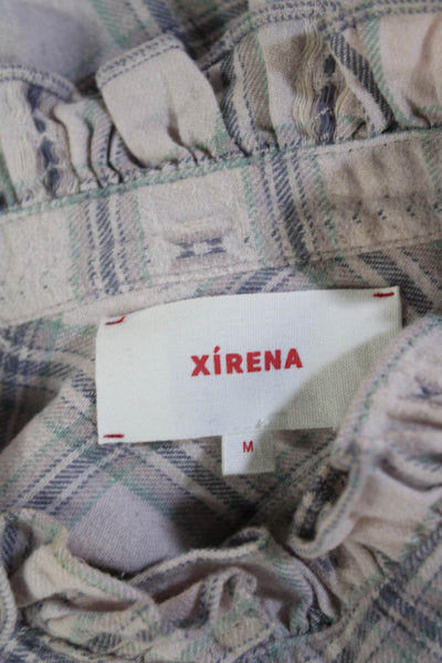 Xirena Womens Plaid Ruffled Button Down Shirt Pink Cotton Size Medium