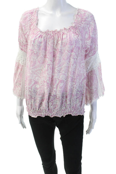 Temptation Positano Womens Linen Paisley Print Blouse White Pink Size Medium
