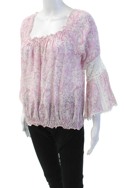 Temptation Positano Womens Linen Paisley Print Blouse White Pink Size Medium