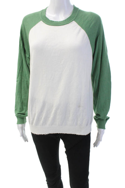 Minnie Rose Womens Long Sleeves Crew Neck Sweater White Green Cotton Size Large