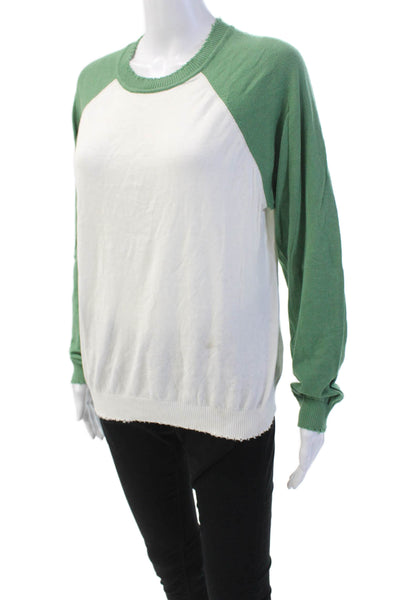 Minnie Rose Womens Long Sleeves Crew Neck Sweater White Green Cotton Size Large