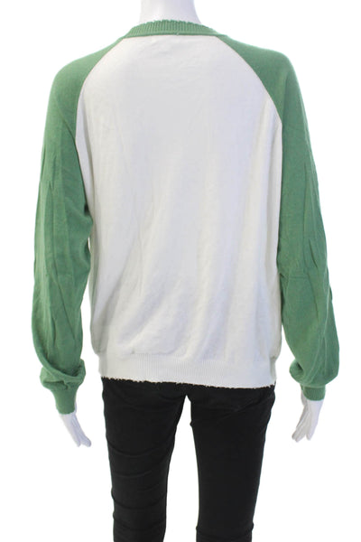 Minnie Rose Womens Long Sleeves Crew Neck Sweater White Green Cotton Size Large