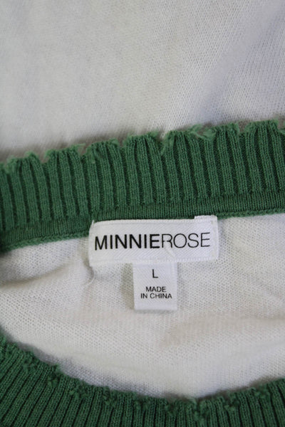 Minnie Rose Womens Long Sleeves Crew Neck Sweater White Green Cotton Size Large