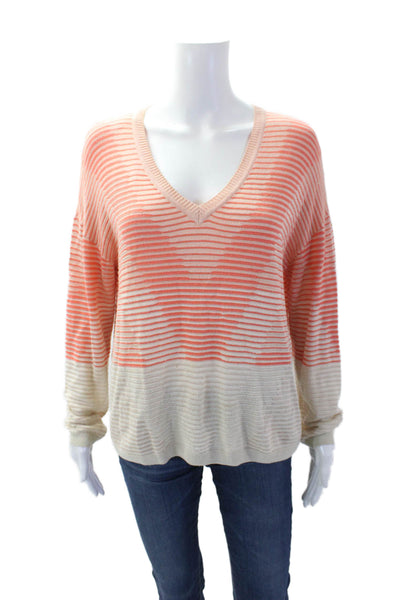 St. John Womens Cotton V-neck Long Sleeve Stripe Top Pink Size S