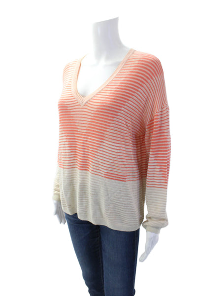 St. John Womens Cotton V-neck Long Sleeve Stripe Top Pink Size S