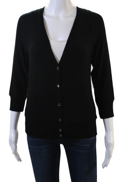 Three Dots Womens 3/4 Sleeve Button Front V Neck Cardigan Sweater Black Medium