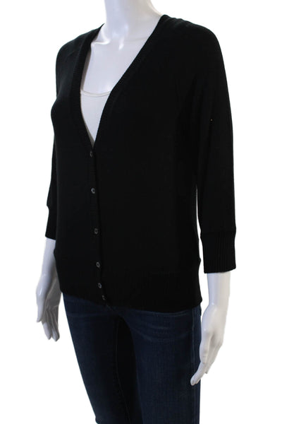 Three Dots Womens 3/4 Sleeve Button Front V Neck Cardigan Sweater Black Medium