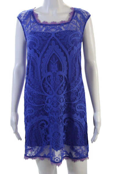 Artelier Nicole Miller Womens Floral Lace Lined Cap Sleeve Dress Blue Sz P