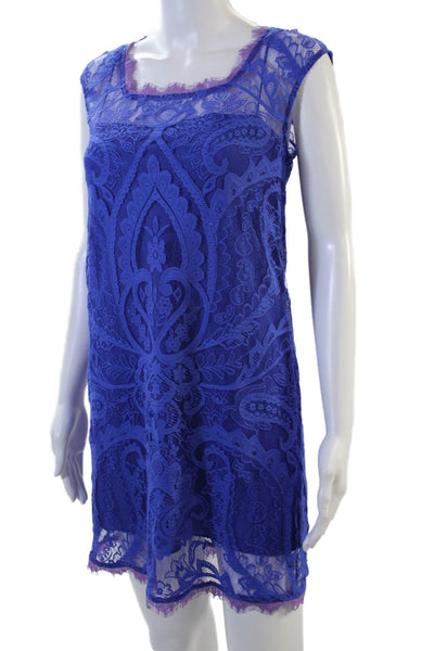 Artelier Nicole Miller Womens Floral Lace Lined Cap Sleeve Dress Blue Sz P