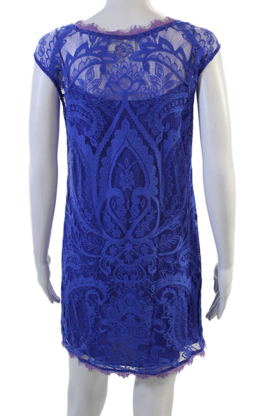 Artelier Nicole Miller Womens Floral Lace Lined Cap Sleeve Dress Blue Sz P