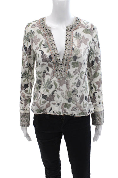 Tory Burch Womens Linen Floral Print Gem Stoned Tunic Top Green Size 2