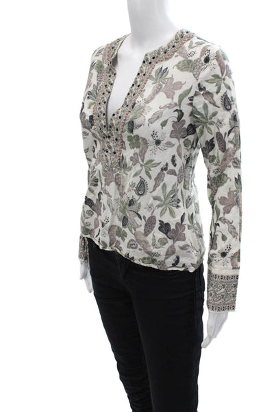 Tory Burch Womens Linen Floral Print Gem Stoned Tunic Top Green Size 2