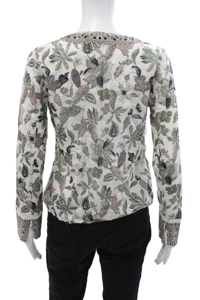 Tory Burch Womens Linen Floral Print Gem Stoned Tunic Top Green Size 2