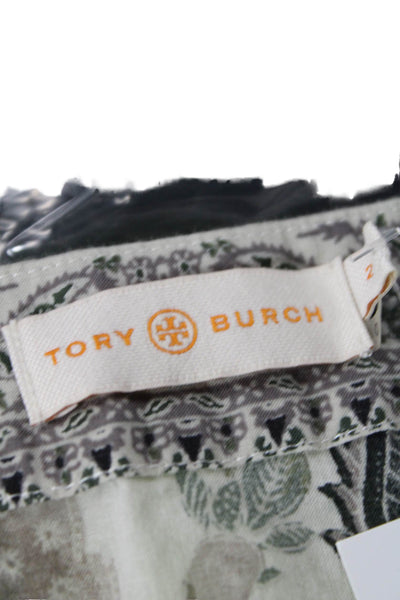 Tory Burch Womens Linen Floral Print Gem Stoned Tunic Top Green Size 2