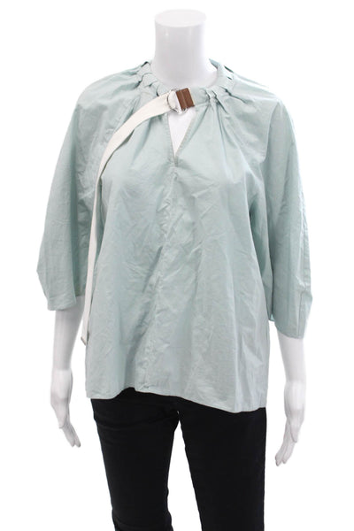 Tibi Womens Cotton Buckled V-Neck Long Sleeve Blouse Blue Size 2XS