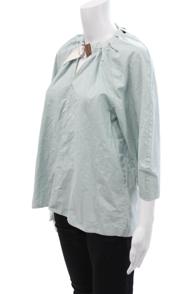 Tibi Womens Cotton Buckled V-Neck Long Sleeve Blouse Blue Size 2XS