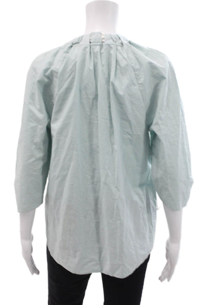 Tibi Womens Cotton Buckled V-Neck Long Sleeve Blouse Blue Size 2XS