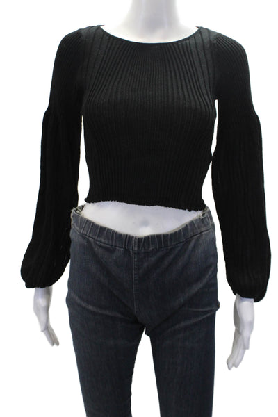 Zara Womens Ribbed Peasant Sleeve Round Neck Crop Top Black Size S