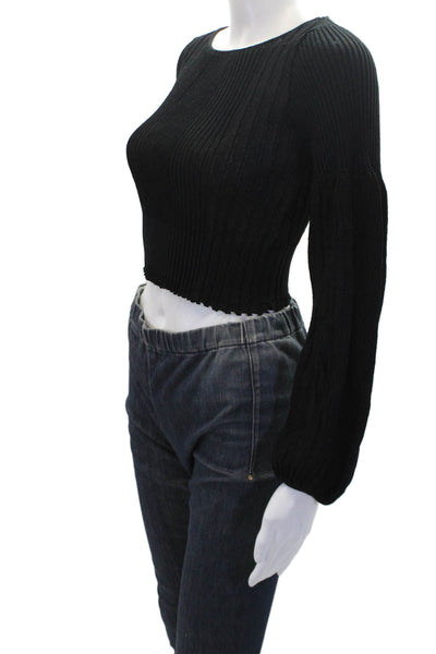 Zara Womens Ribbed Peasant Sleeve Round Neck Crop Top Black Size S