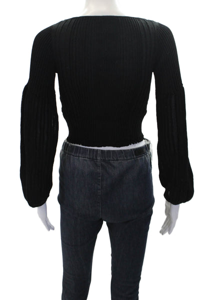 Zara Womens Ribbed Peasant Sleeve Round Neck Crop Top Black Size S