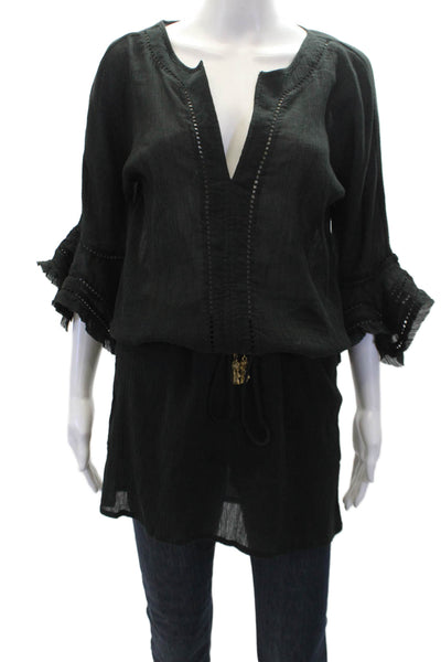 Vix Paula Hermanny Womens Cotton Sheer Ruffle Detail Top Solid Black Size S